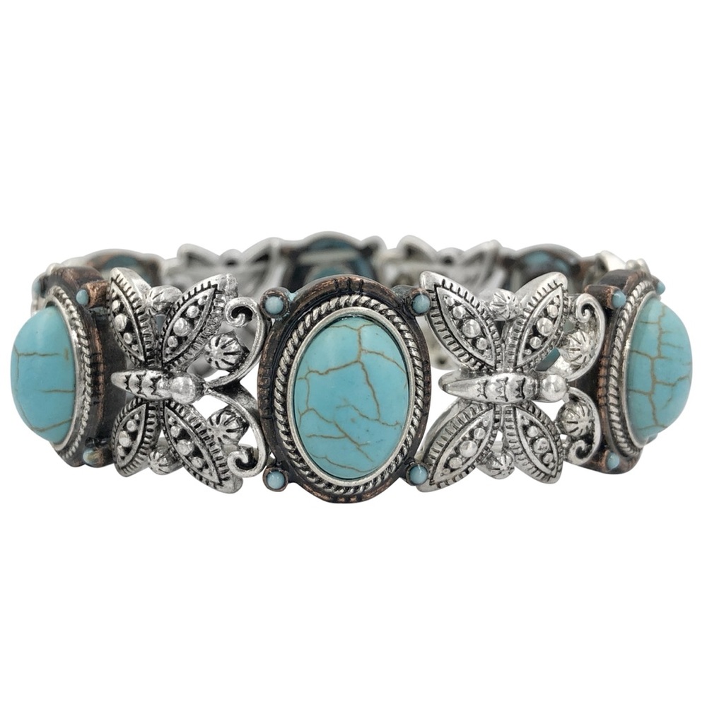 2-Tone Butterfly Silver Gold Vintage Look Turquoise Stone Stretch Bracelet